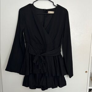 Altar'd State Black Long-Sleeve Wrap Romper with Tiered Ruffles